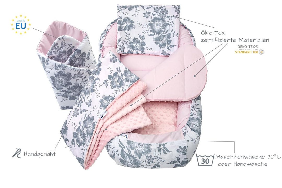 Medi Partners Babynest Nestchen Baby Set für Neugeborene - 100x60x15 Kuschelnest 5 teilig tragbar Ne