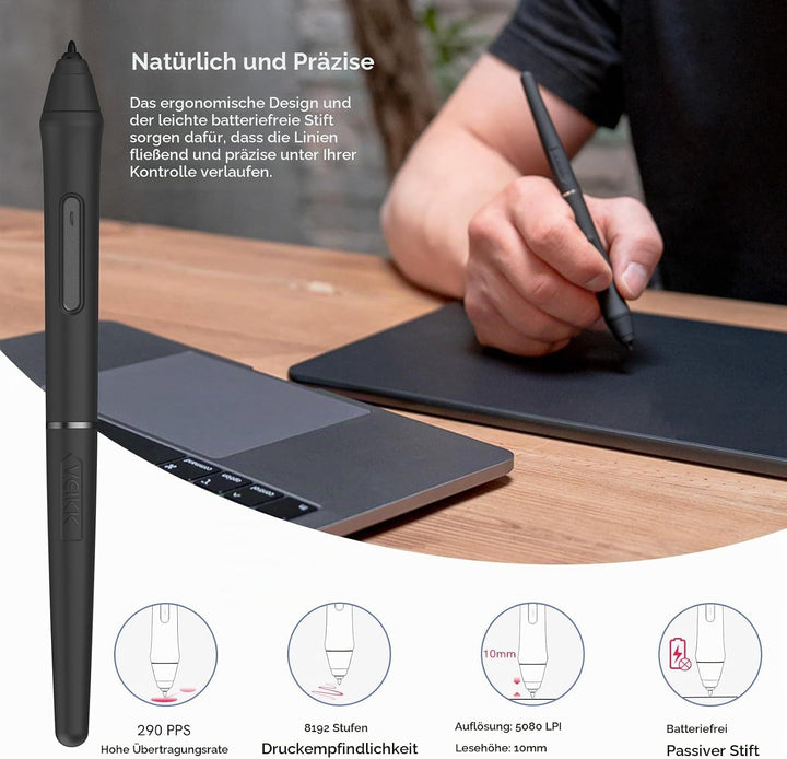 Grafiktablett VEIKK VK1060PRO V2,10 x 6 Zoll Zeichentablett mit 8 Tastenkombinationen mit Batterielo