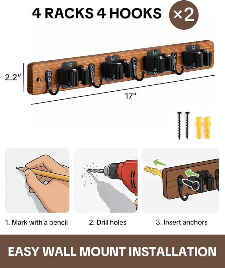 Lorbro 2 Stück Besenhalterung Wand, Wandhalterung Besen aus Holz, Besenhalter und Mopphalter mit 4 H