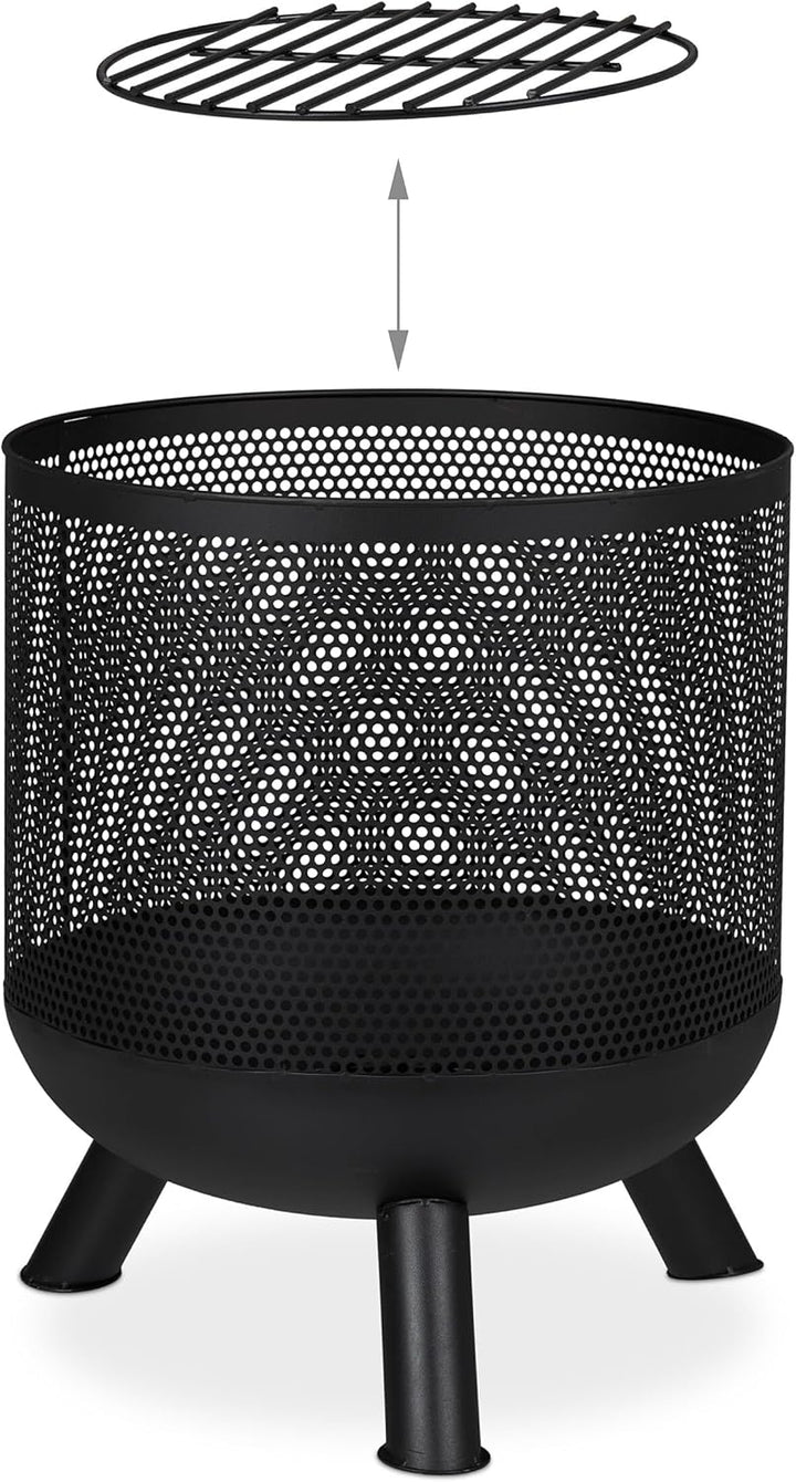 Relaxdays Feuerkorb, Mesh Design, Feuerrost, Schürhaken, Feuer im Garten, Feuertonne, Stahl, HxD: 53