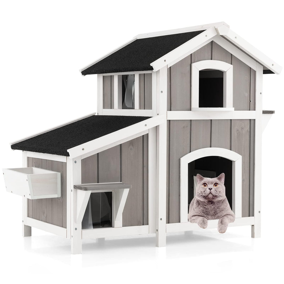 COSTWAY Katzenhaus Outdoor, 2-stöckige Katzenhütte, Katzenvilla mit Asphaltdach, Fluchttüren, PVC-Vo