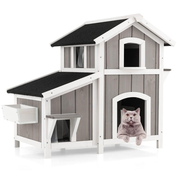 COSTWAY Katzenhaus Outdoor, 2-stöckige Katzenhütte, Katzenvilla mit Asphaltdach, Fluchttüren, PVC-Vo