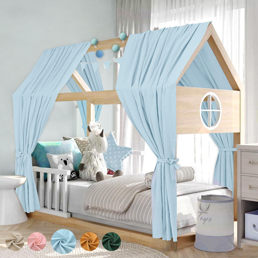 Alishomtll Hausbett Himmel Deko Set, 2 Betthimmel Hausbett aus 100% Baumwolle Musselin, 1 Wimpelkett