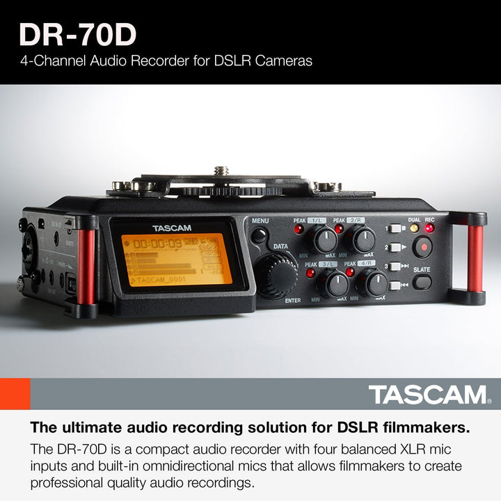 TASCAM Tragbarer 4-Kanal-Audio-Recorder für Videofilmer, 4 Kombi-XLR/TRS-Eingänge, 2 interne Mikrofo
