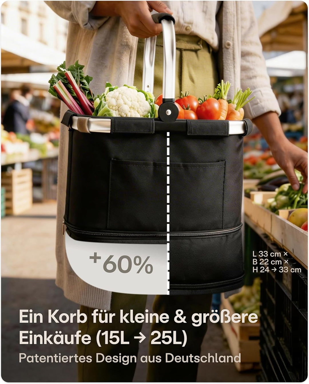 Praknu Einkaufskorb Faltbar Klein – 2 in 1 Erweiterbar 15L auf 25L – Abnehmbarer & Waschbarer Bezug