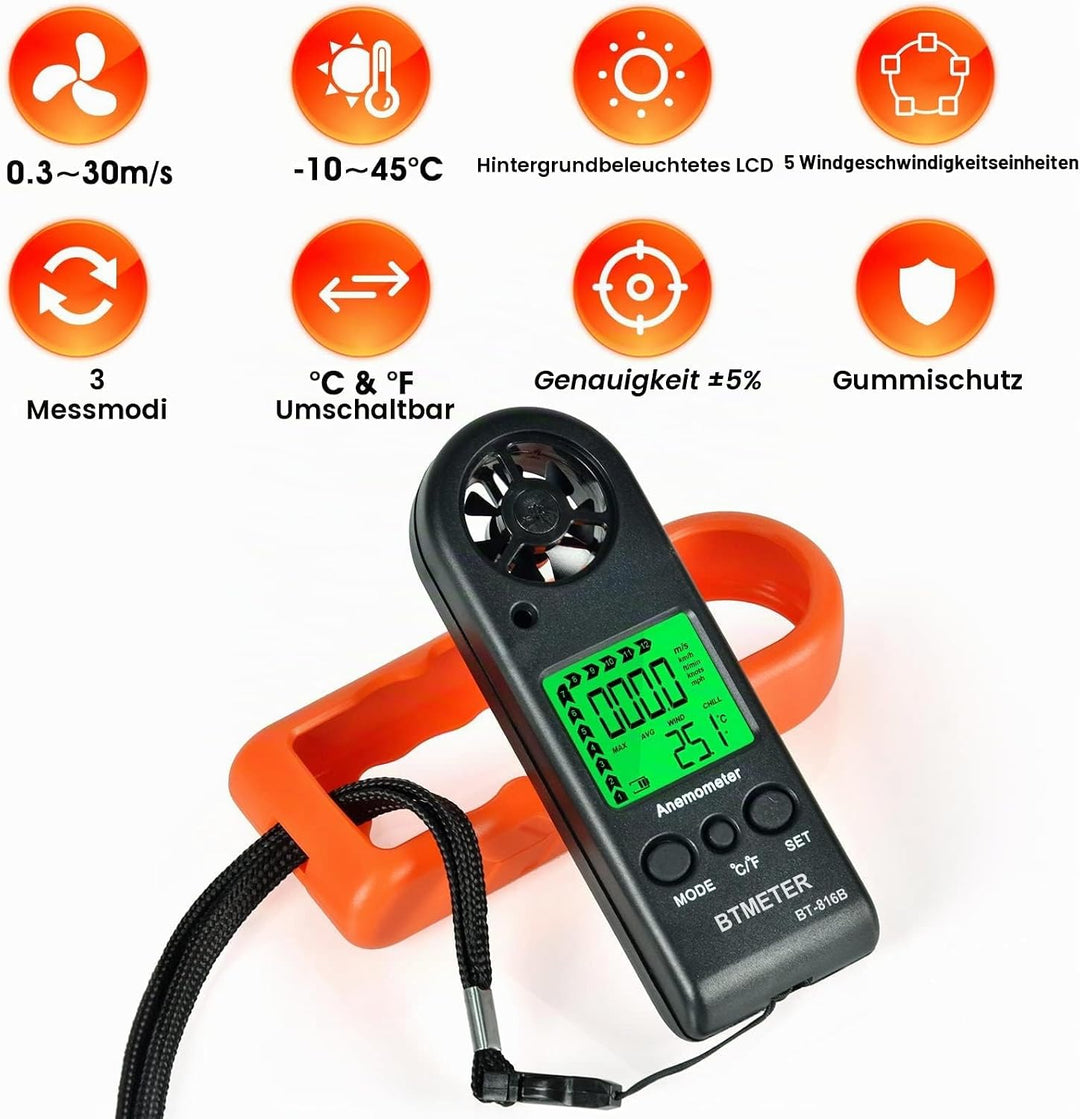 BTMETER Anemometer Handheld, BT-816B Digitaler Windmesser windmessgerät 0.3~30 m/s misst Windgeschwi