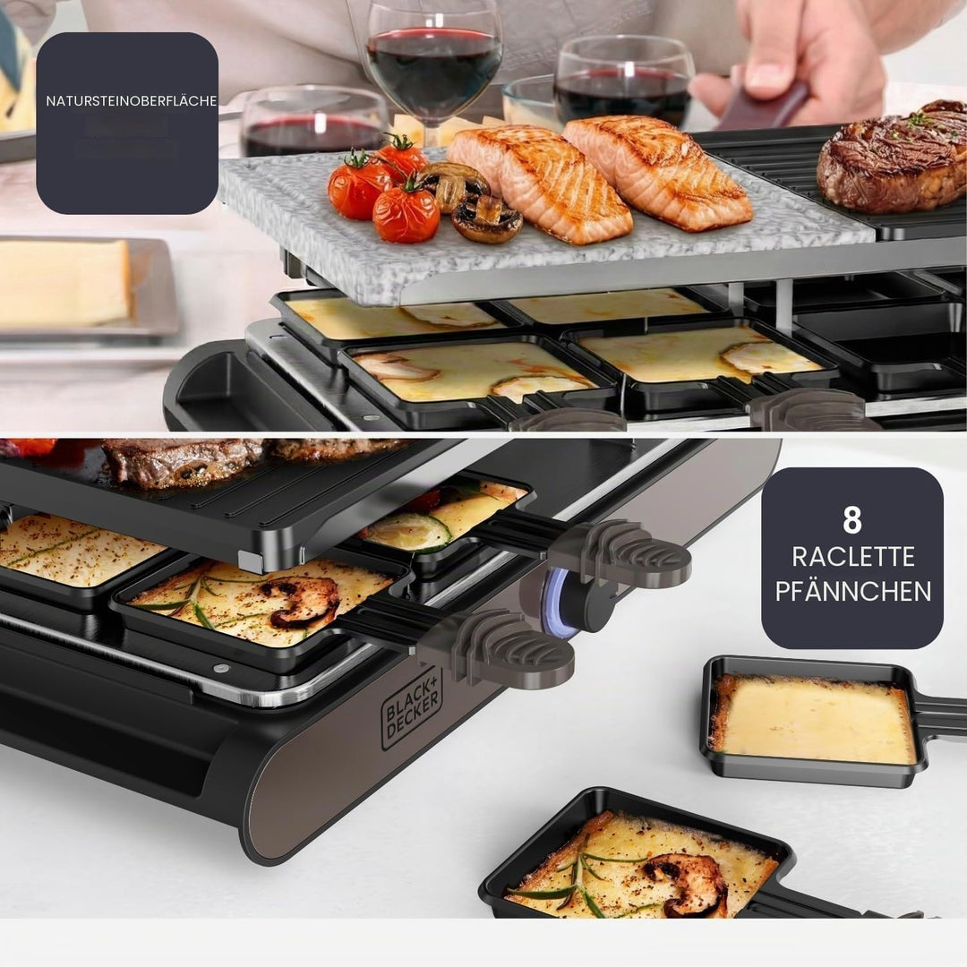 Black+Decker – Raclette| 8 Personen| Platten 21 x 21 cm| Regulierbare Temperatur| 1400 W| Umkehrbare