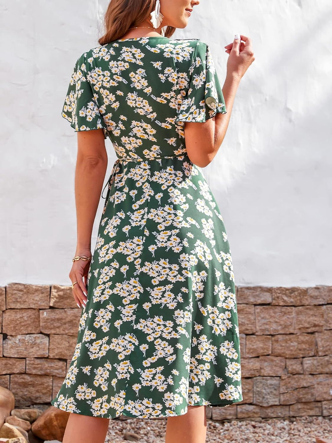 CUPSHE Damen Sommerkleid Rüschen V Ausschnitt Wickeloptik Kurzarm Blumenmuster Freizeitkleider Vinta