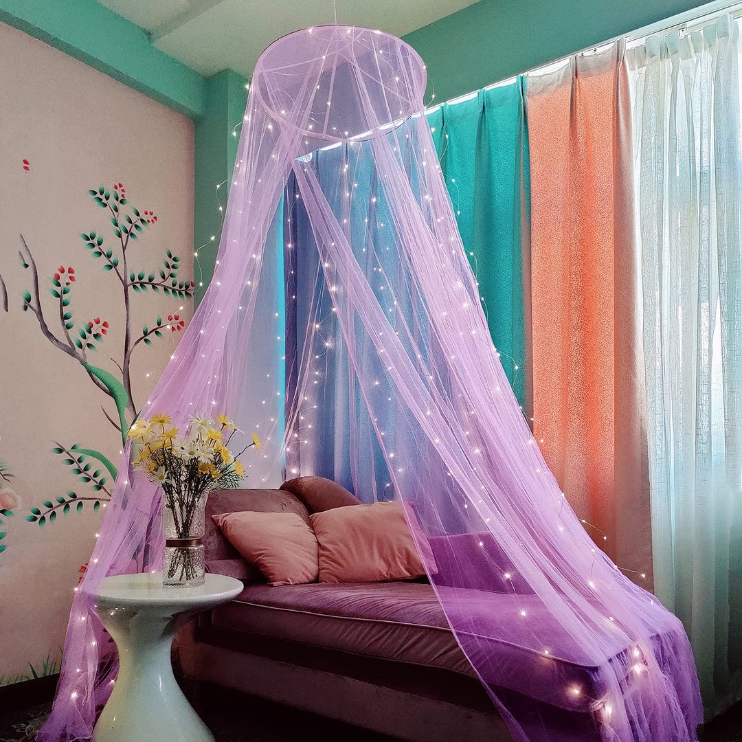 Eimilaly Betthimmel Moskitonetz mit 250pcs Bunte Vorhang Lichter, Betthimmel für Mädchen Zimmer Deko