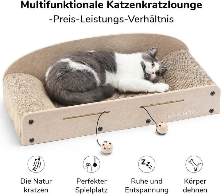 FUKUMARU Kratzbrett Katzen, 66CM langlebiges Kratzpappe und Filz, grosse Liege, 2 wendbare Katzenkra