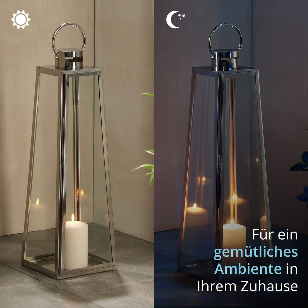 KHG Laterne 70 cm in Silber aus Stahl/Glas, pyramidenförmig, praktischer Tragegriff Kerzenständer, K