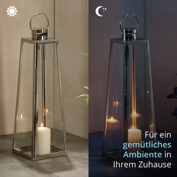 KHG Laterne 70 cm in Silber aus Stahl/Glas, pyramidenförmig, praktischer Tragegriff Kerzenständer, K