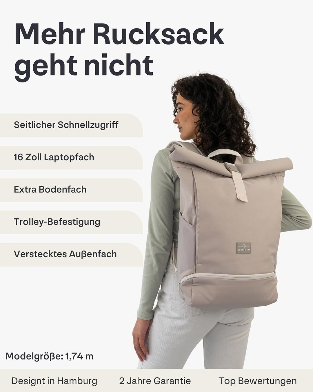 Johnny Urban Rolltop Rucksack Damen &amp; Herren Gross Grau - Allen Large - Laptop Backpack für Uni, Bus
