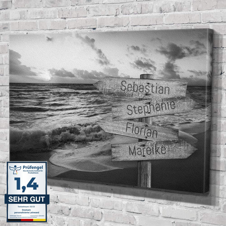 Deutsam Individuelle Leinwand Wegweiser Strand Schwarz weiss mit eigenen Namen Geschenk für Verliebt