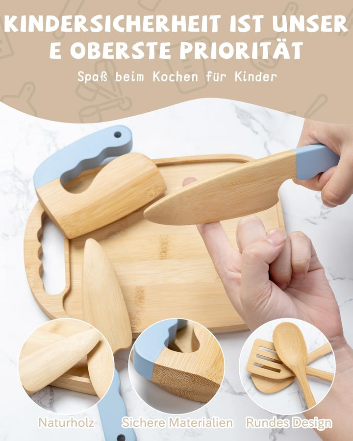 Kindermesser Set – 15-teilig mit sicherem Kiddikutter, Holzmesser Schneidebrett – Montessori Küchens