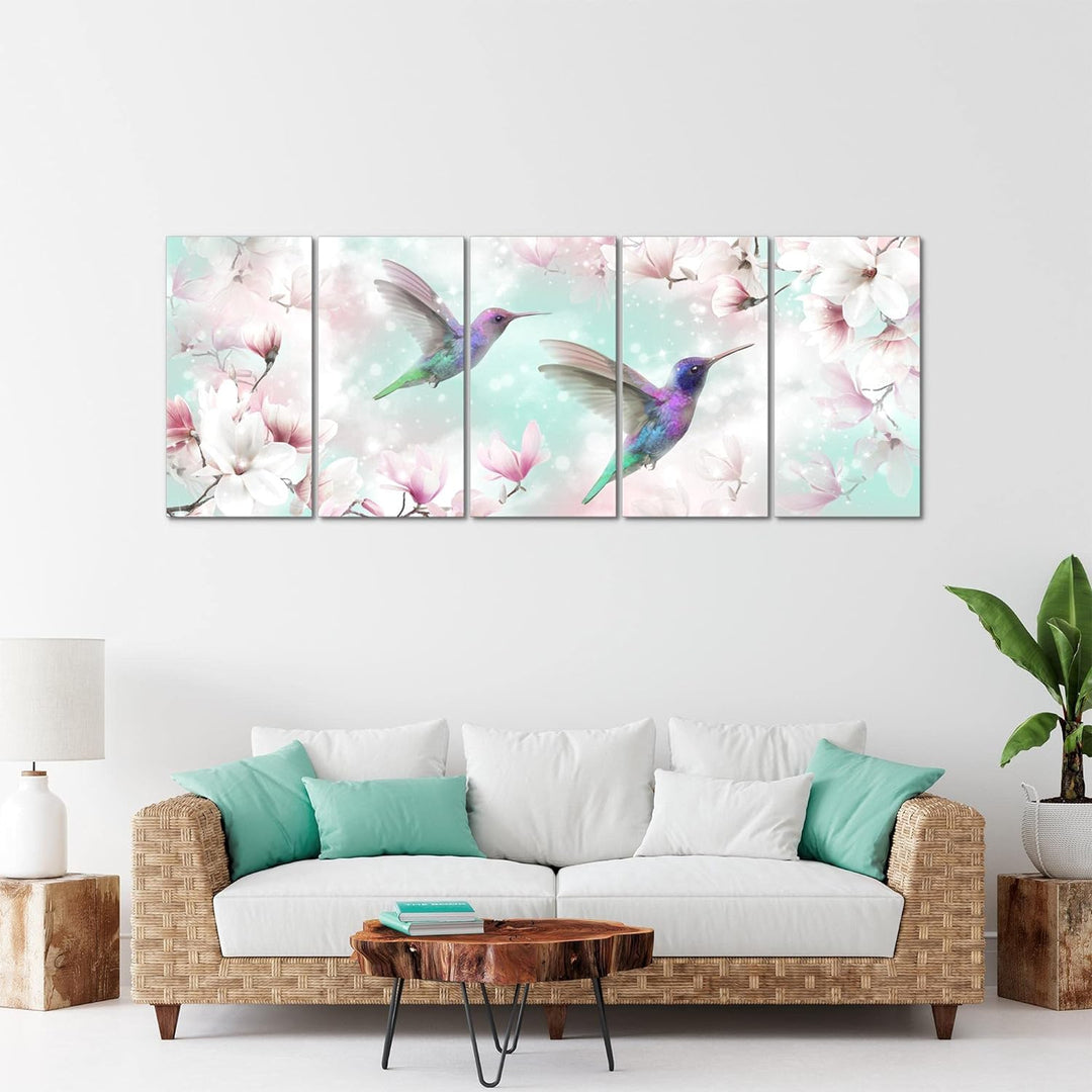 Runa Art Wandbild XXL Blumen Magnolien Wohnzimmer Schlafzimmer 200 x 80 cm Türkis 5 Teilig - Made in