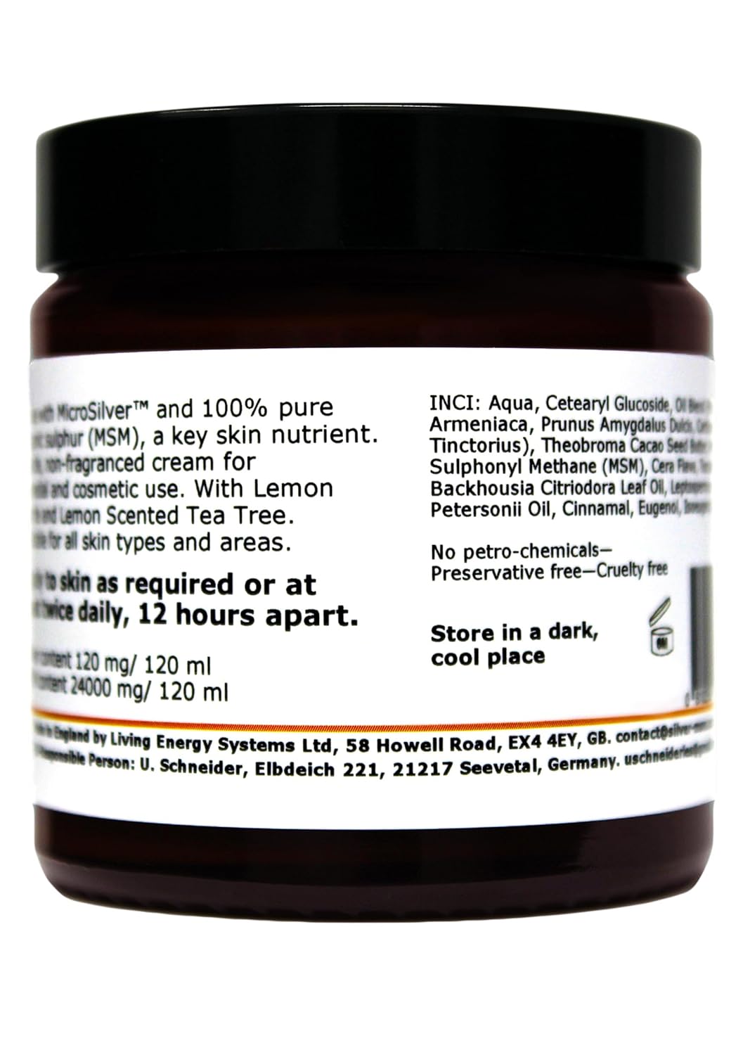 Silber-MSM Crème mit Zitronenmyrte und Zitronen Teebaum essentiellen Ölen - 120 ml