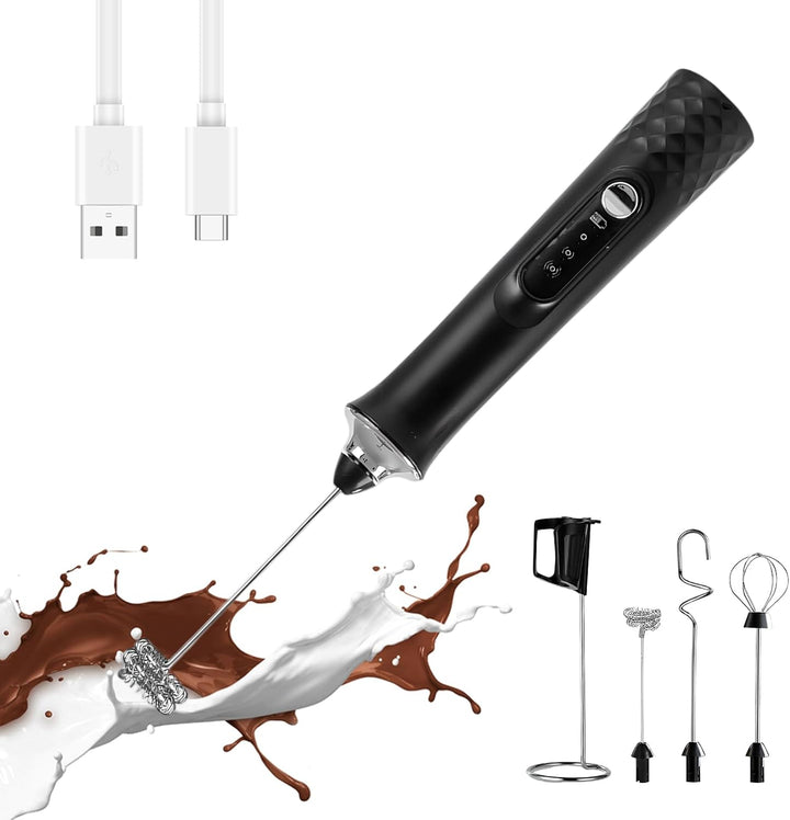 Milchaufschäumer Elektrisch Stab, USB Wiederaufladbarer Aufschäumer con Ständer, 3 Abnehmbarem Schne