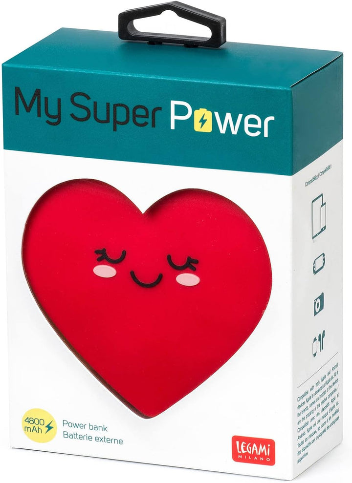 Legami - Tragbares Ladegerät, My Super Power, wiederaufladbarer Akku, 8,8 x 10,6 cm, Thema Heart, US