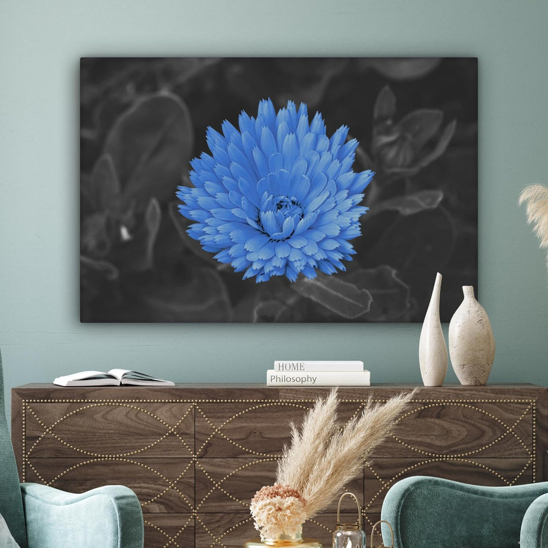 MuchoWow Leinwand Bilder, Einzigartige Wanddeko mit Rahmen, Blumen - Schwarz - Weiss - Blau, Wandbil