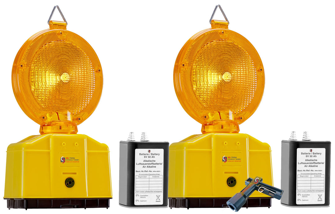 UvV LED 2 x Baustellenleuchte, Warnleuchte gelb, inkl. 2 Batterien 50 Ah für Ihre Baustelle, Baustel
