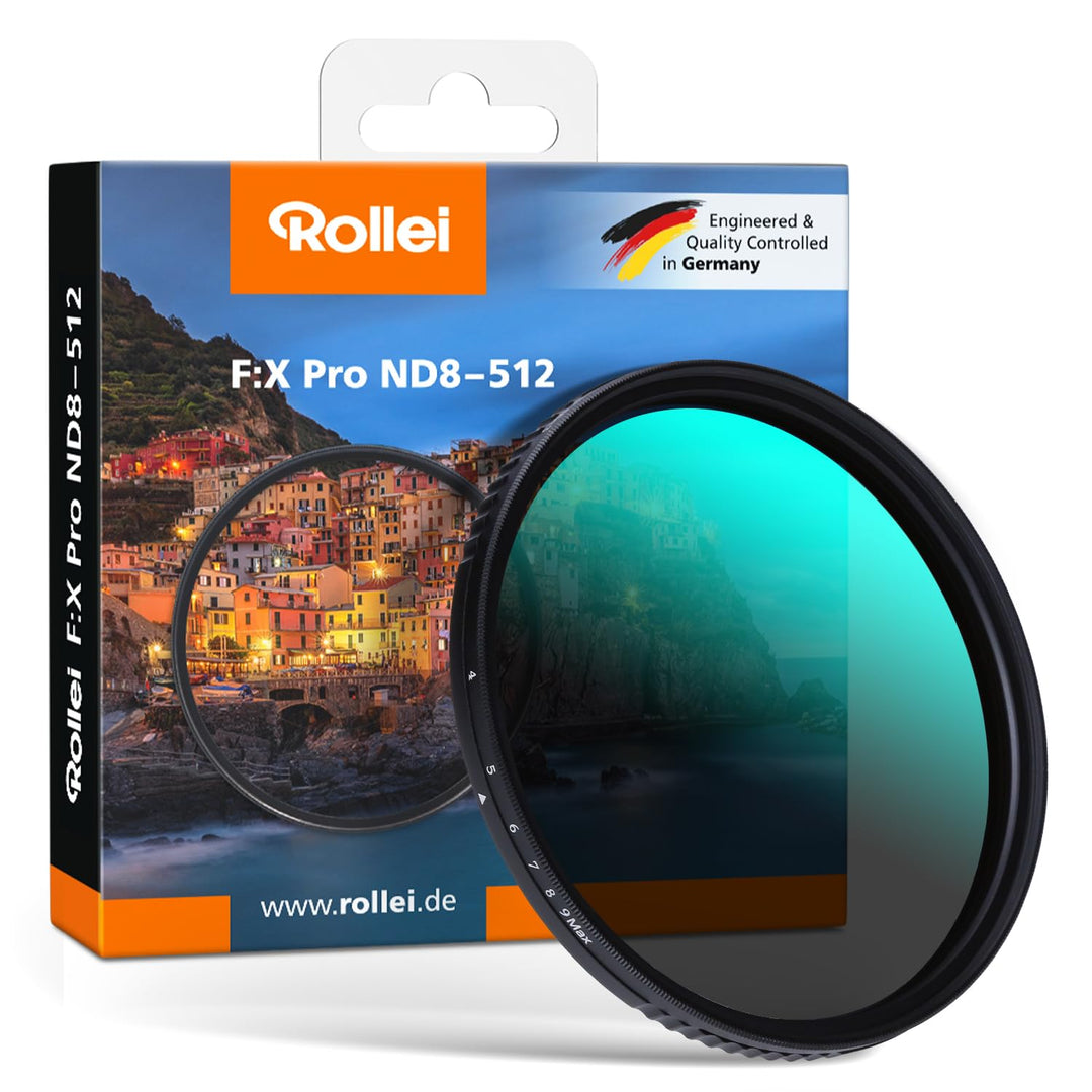 Rollei Variabler ND Filter, F:X Pro Variabler Rundfilter - ND8 bis ND 512 aus Gorilla® Glas mit 3-9