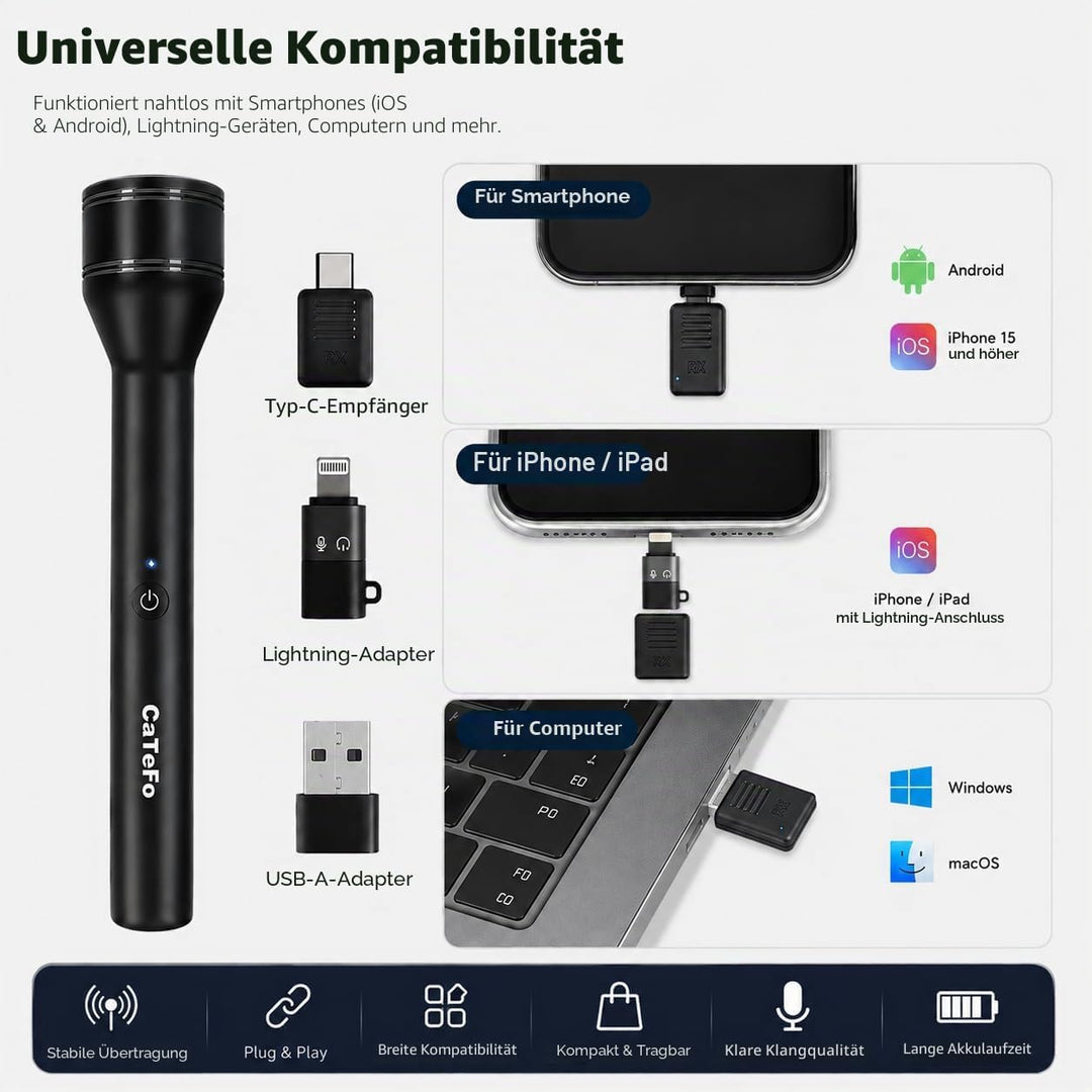 Kabelloses Handmikrofon mit 200 m Reichweite, 60 Stunden Akku, Ein-Klick-Rauschunterdrückung & Unive