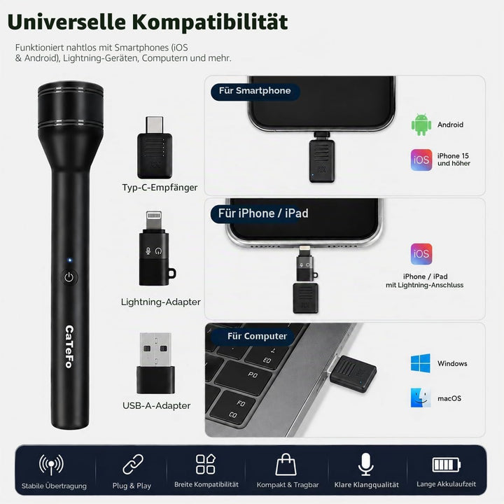 Kabelloses Handmikrofon mit 200 m Reichweite, 60 Stunden Akku, Ein-Klick-Rauschunterdrückung & Unive