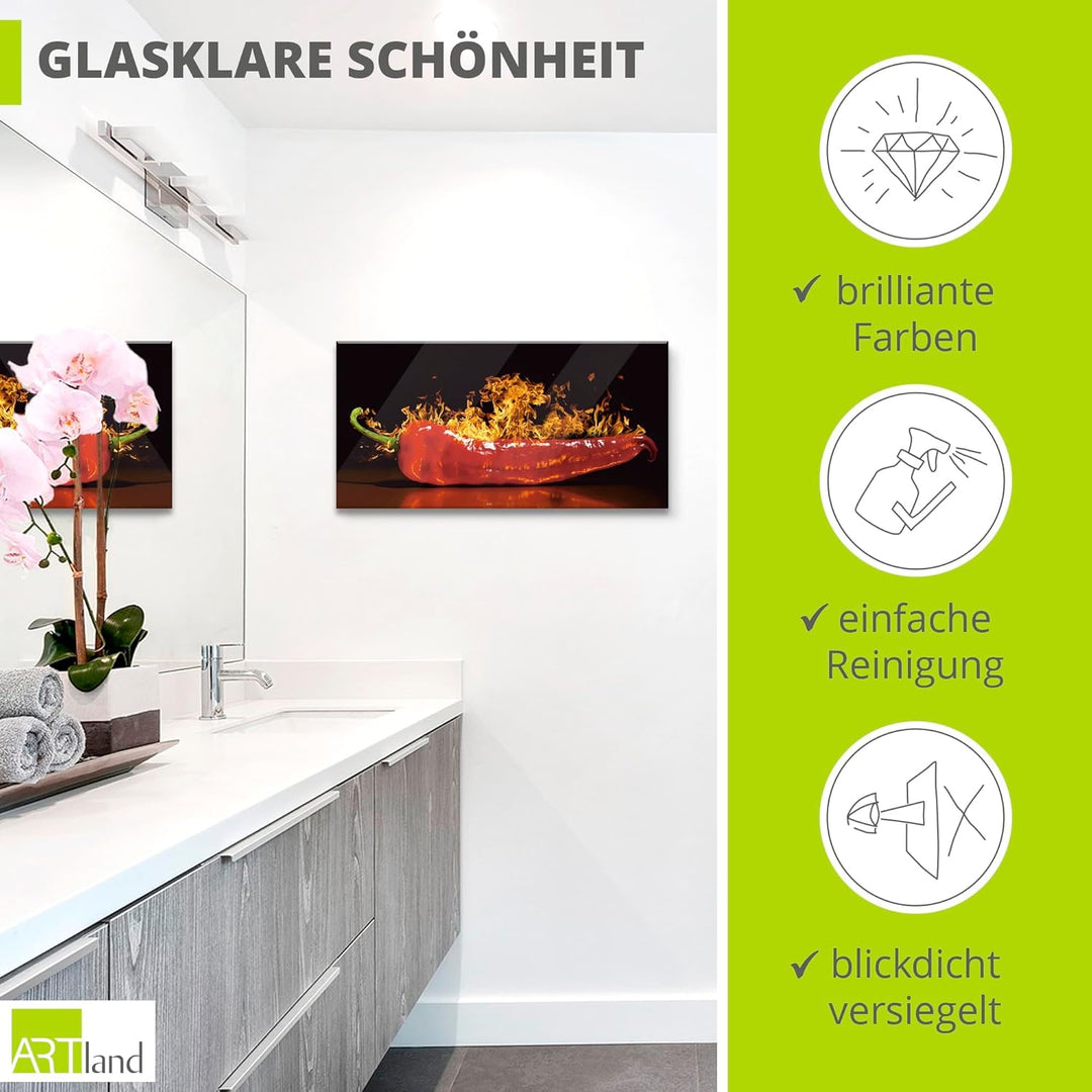 ARTland Glasbilder Wandbild Glas Bild einteilig 60x30 cm Querformat Essen Gewürze Chili Feuer Pepero