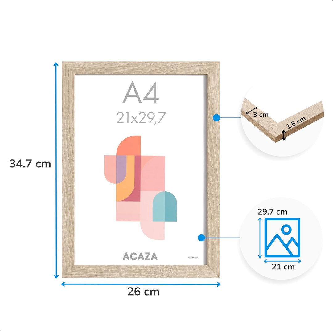 ACAZA A4 Bilderrahmen 21x29,7 cm 2-er Set Eiche hell, MDF Holz mit bruchsicherem Acrylglas, für Phot
