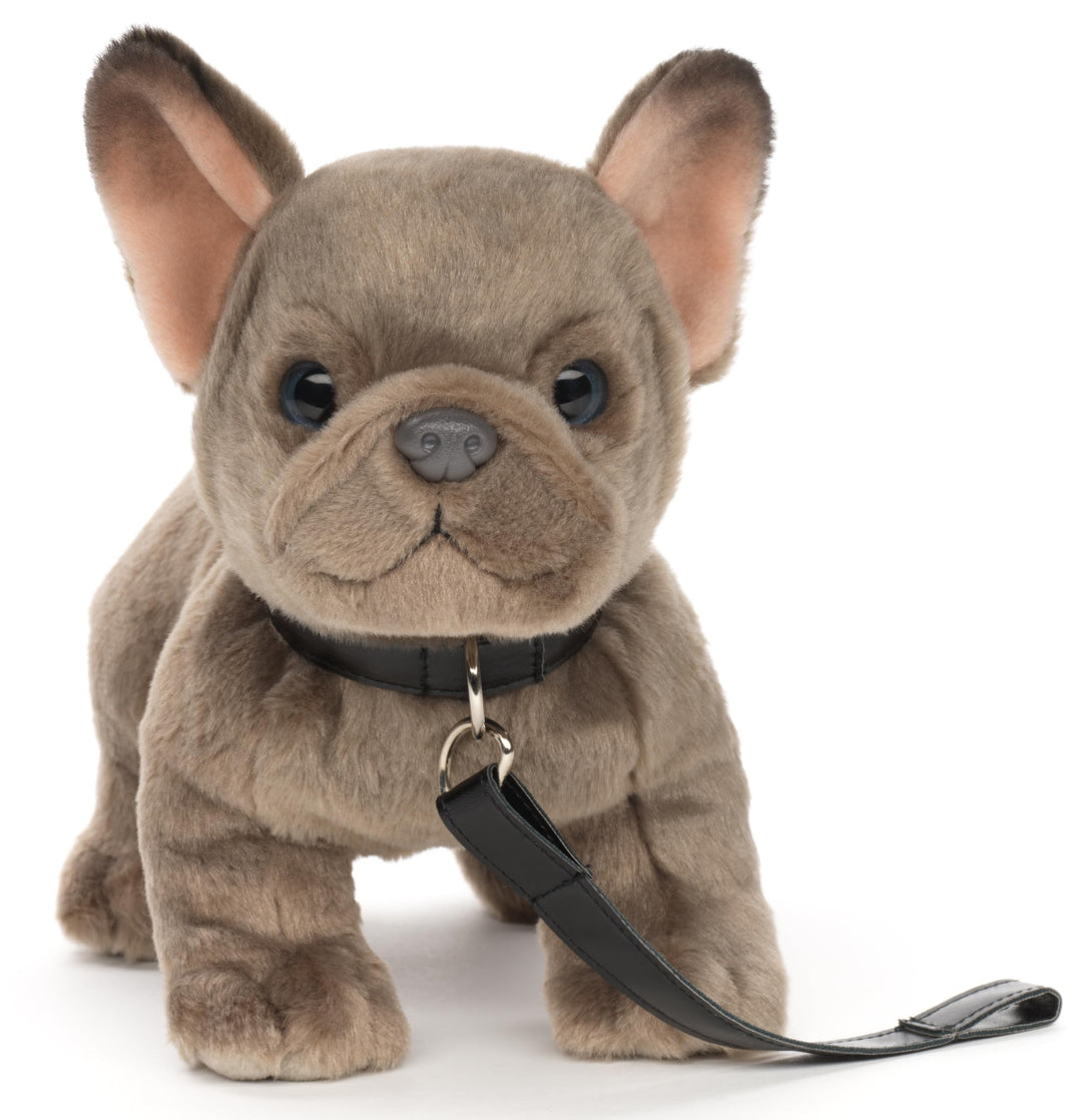 Uni-Toys - Französische Bulldogge (grau) mit Leine - 26 cm (Länge) - Plüsch-Hund, Dogge, Haustier -
