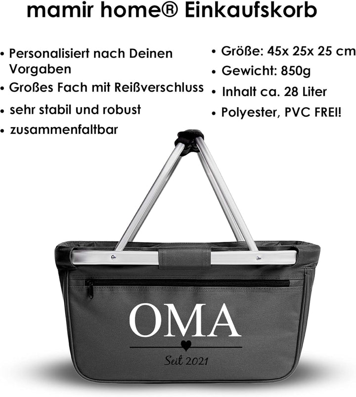 Einkaufskorb faltbar I OMA MOM Jahreszahl I personalisiert Geschenk stabil klappbar OPA (schwarz), S