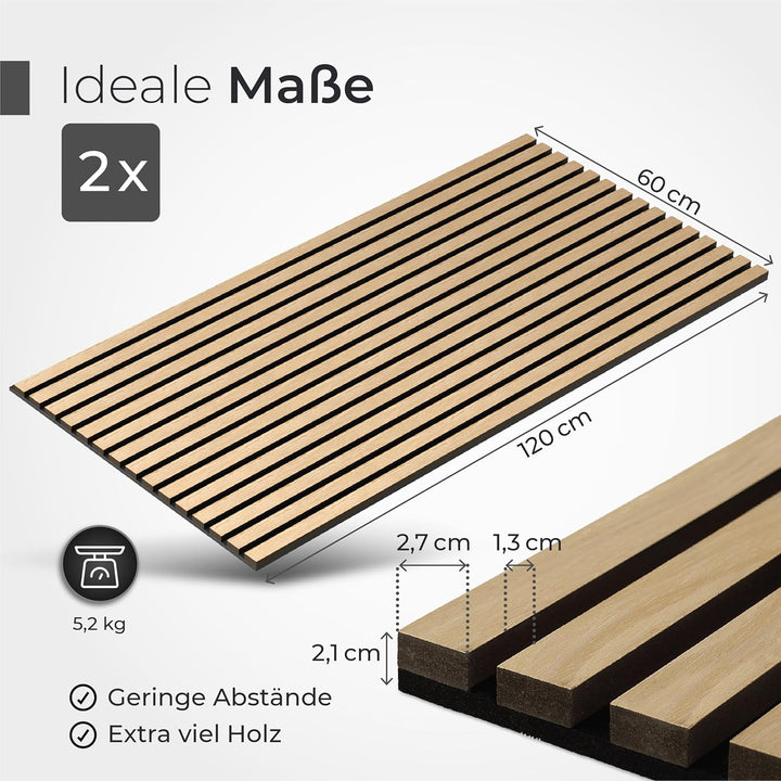 Akustikpaneele Holz – 2er-Set | 120x60cm | Echtholz Eiche & Akustikfilz Schwarz – 3D Wandpaneele für