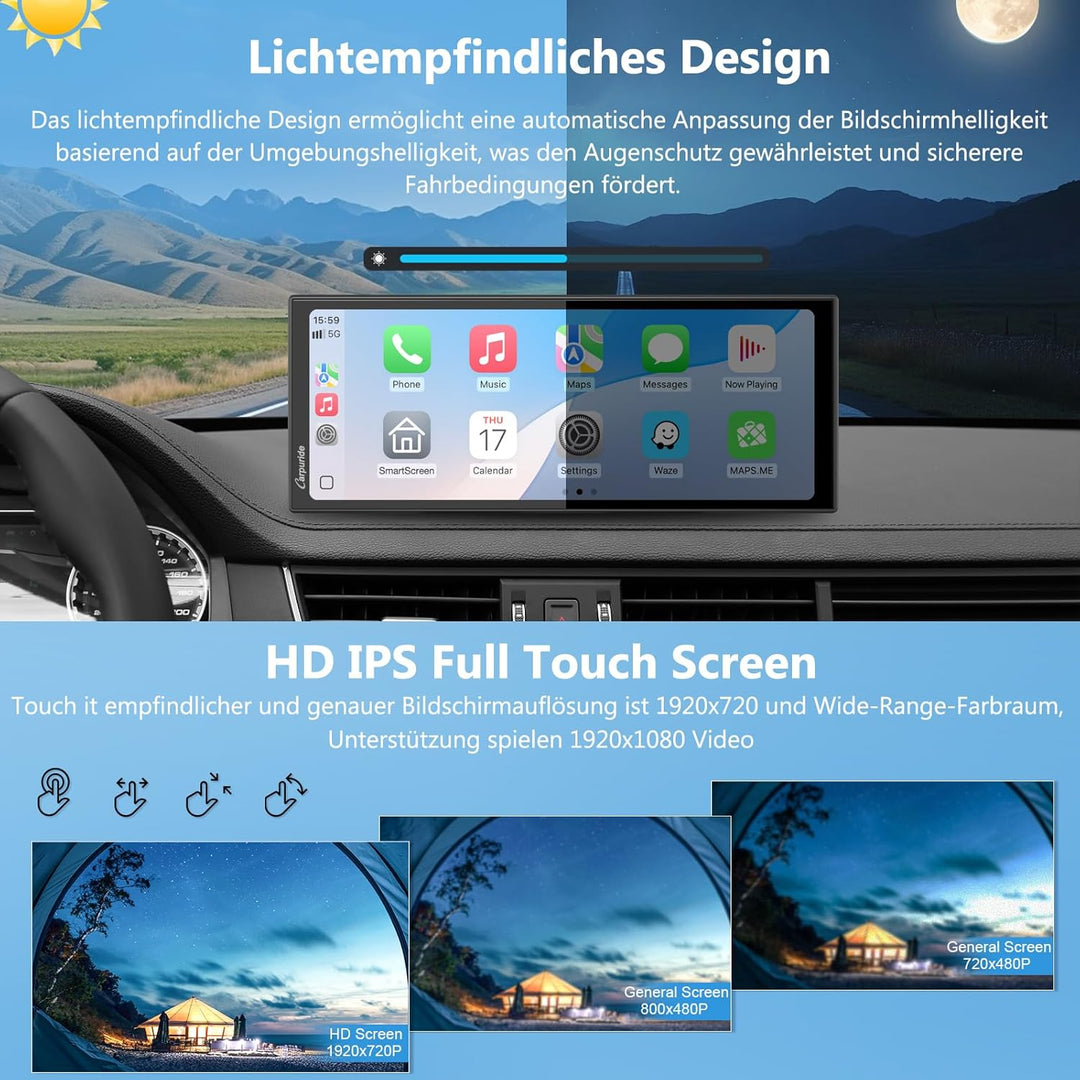 Carpuride W125S Carplay Bildschirm mit 3 Kanal Dash Cam, 4K Front & 1080P Rückkamera, 1080P Infrarot
