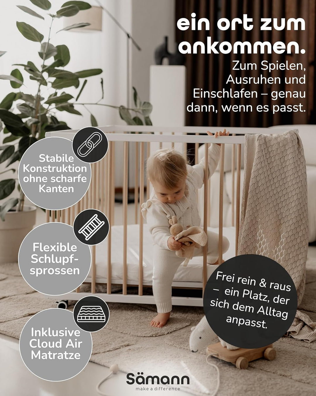 Sämann Laufstall Baby mit Matratze Cloud Air und Schlupfsprossen | TÜV geprüft | stufenlos höhenvers
