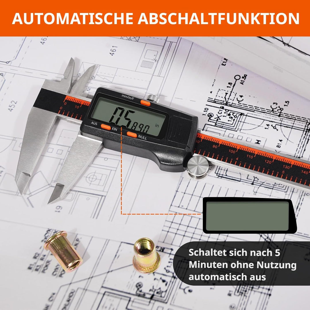 HARDELL Digitaler Messschieber, 0-8 Zoll Messwerkzeug mit grossem LCD-Display, Edelstahl, Auto-Off,