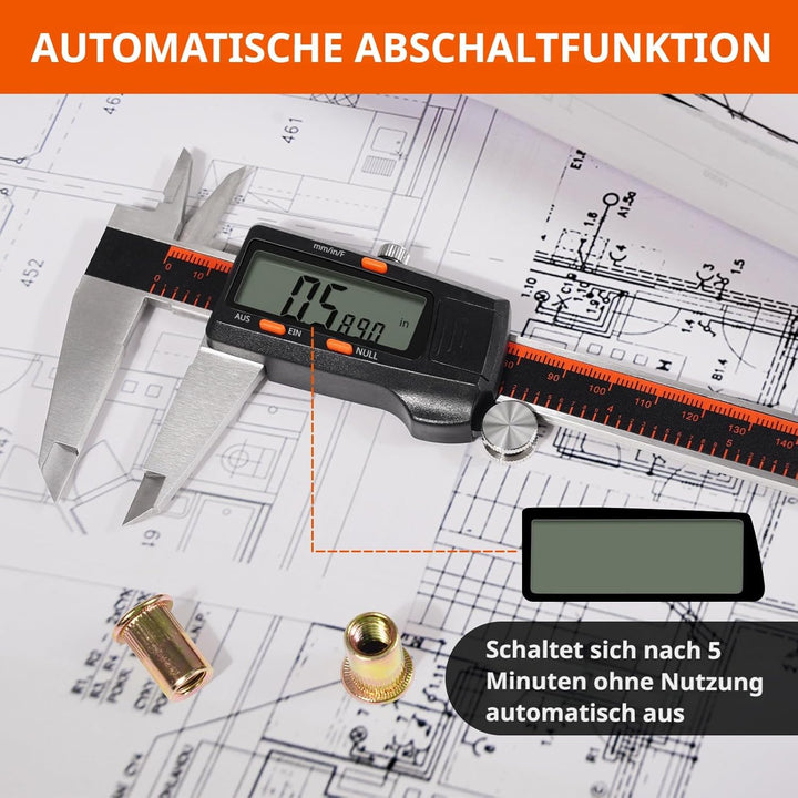 HARDELL Digitaler Messschieber, 0-8 Zoll Messwerkzeug mit grossem LCD-Display, Edelstahl, Auto-Off,