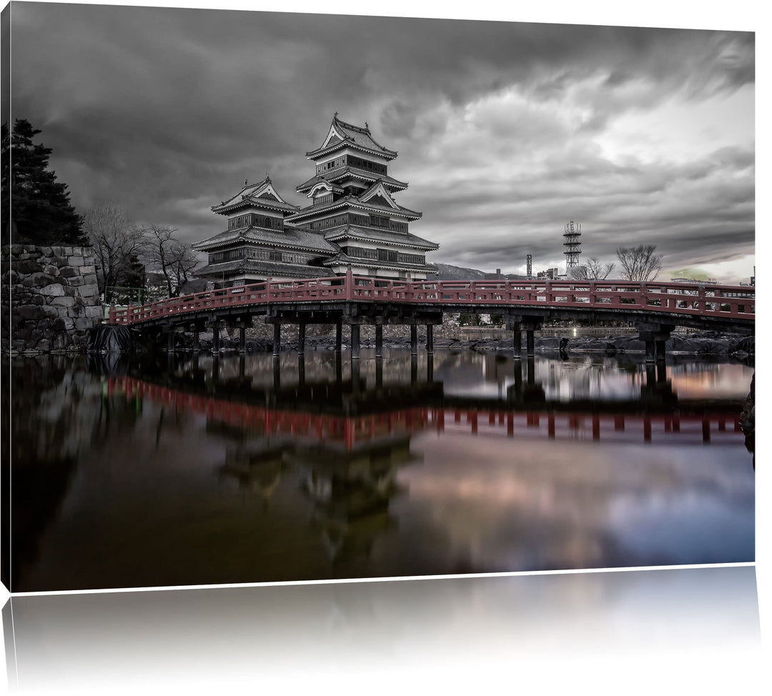 Pixxprint asiatischer Tempel an See als Leinwandbild/Grösse: 100x70 cm/Wandbild/Kunstdruck/fertig be