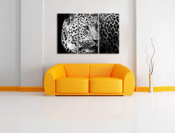 Pixxprint Dark Leopard mit grünen Augen als Leinwandbild | Grösse: 3 Teilig (120x80) | Wandbild| Kun