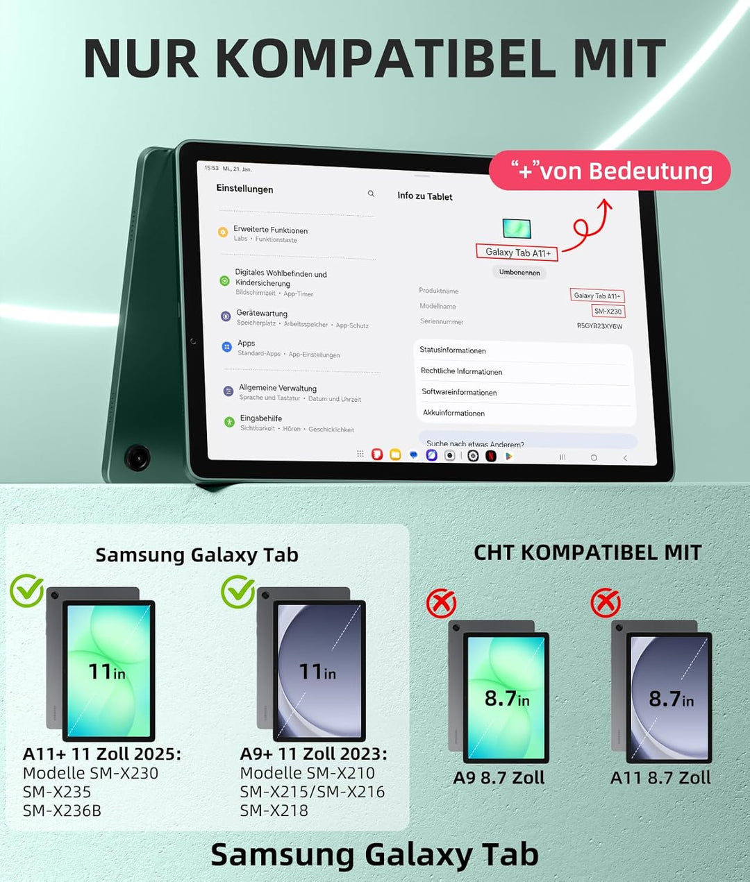 Vobafe Hülle mit Tastatur für Samsung Galaxy Tab A11+ Plus 11 Zoll 2025 / Tab A9+ Plus 2023, 7 Farbe