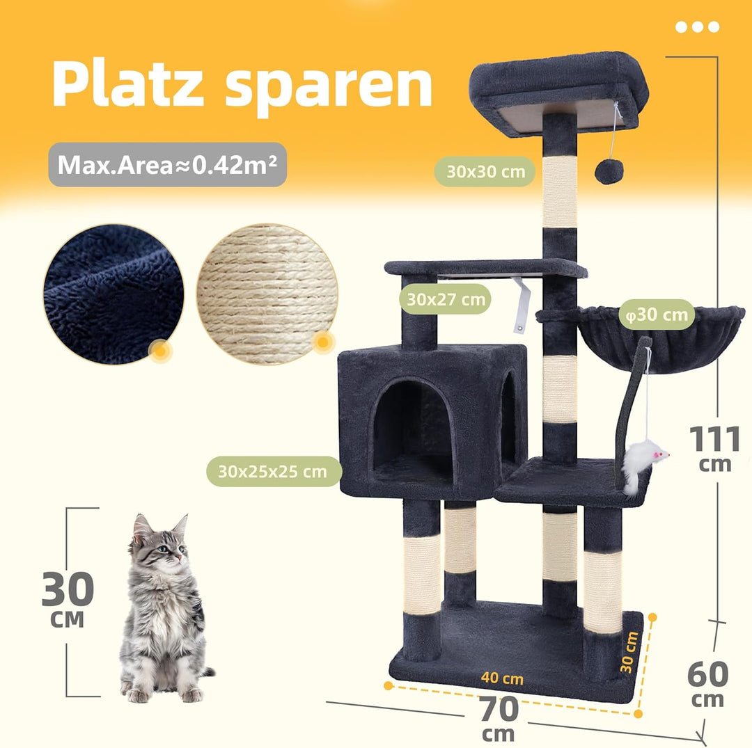 Hey-brother Kratzbaum, 111 cm Katzenbaum mit Spielzeug, Katzenkratzbaum mit Plattform, Hängematte un