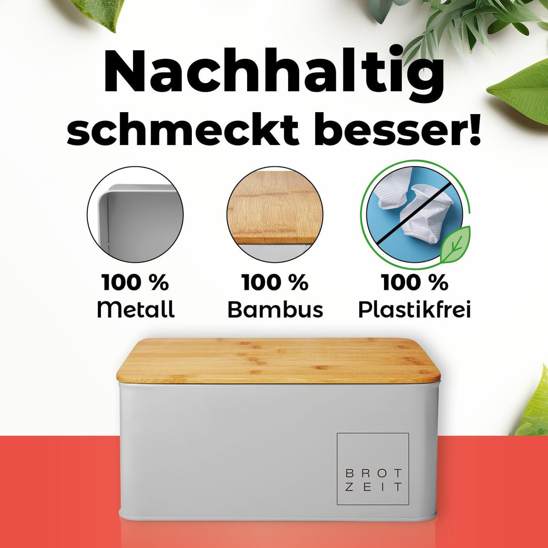 Lumaland Cuisine Brotkasten | Brotdose aus Metall mit Bambus Deckel | Brotbox rechteckig 30,5 x 23,5