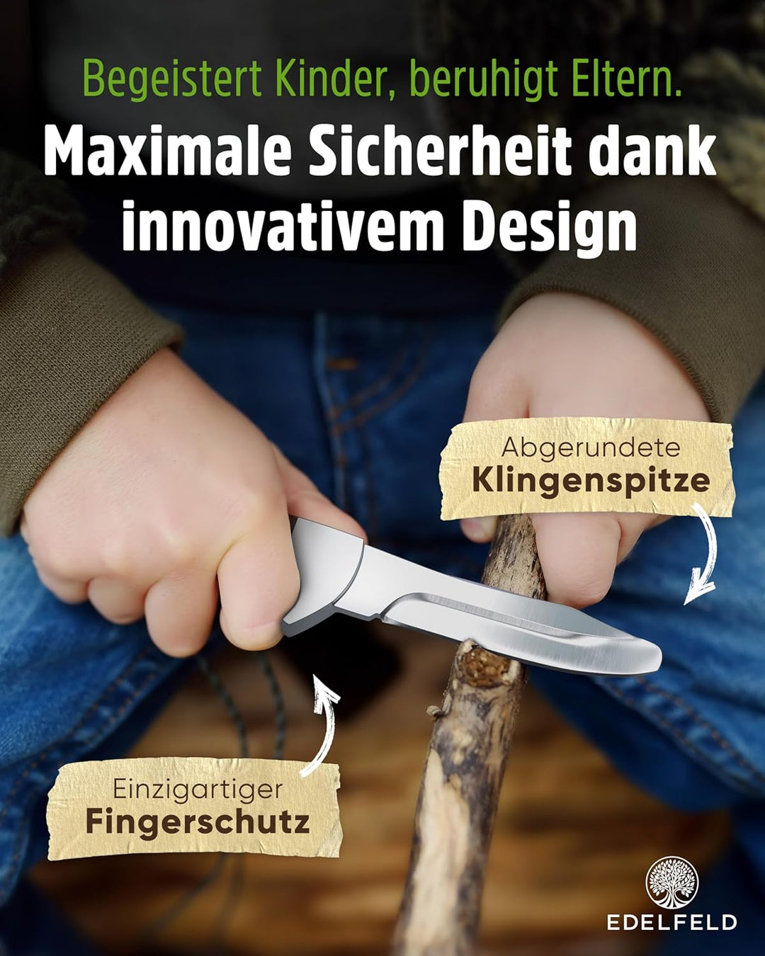 EDELFELD - Das Original - Schnitzmesser Kinder ab 6 Jahre - Sicheres Taschenmesser Kinder mit Finger