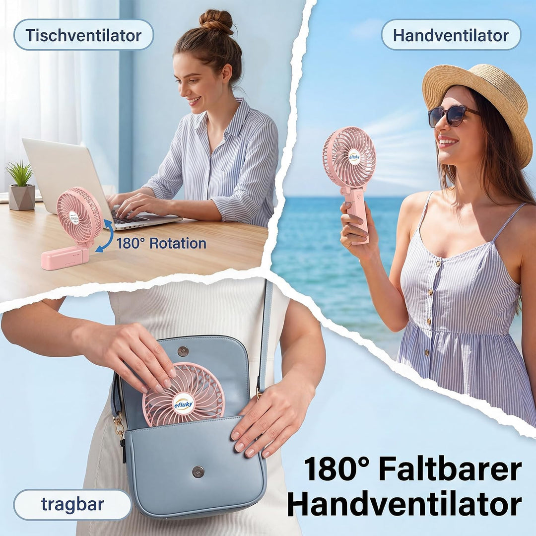 efluky Handventilator, Tragbarer Mini Ventilator, Faltbarer USB-Ventilator Wiederaufladbar, Kleiner