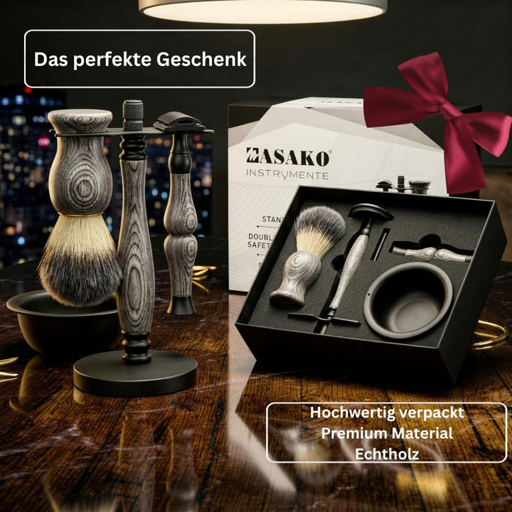 MASAKO Rasierhobel Set Herren aus Echtholz – Premium Nassrasierer mit Rasierpinsel, Schale, Ständer