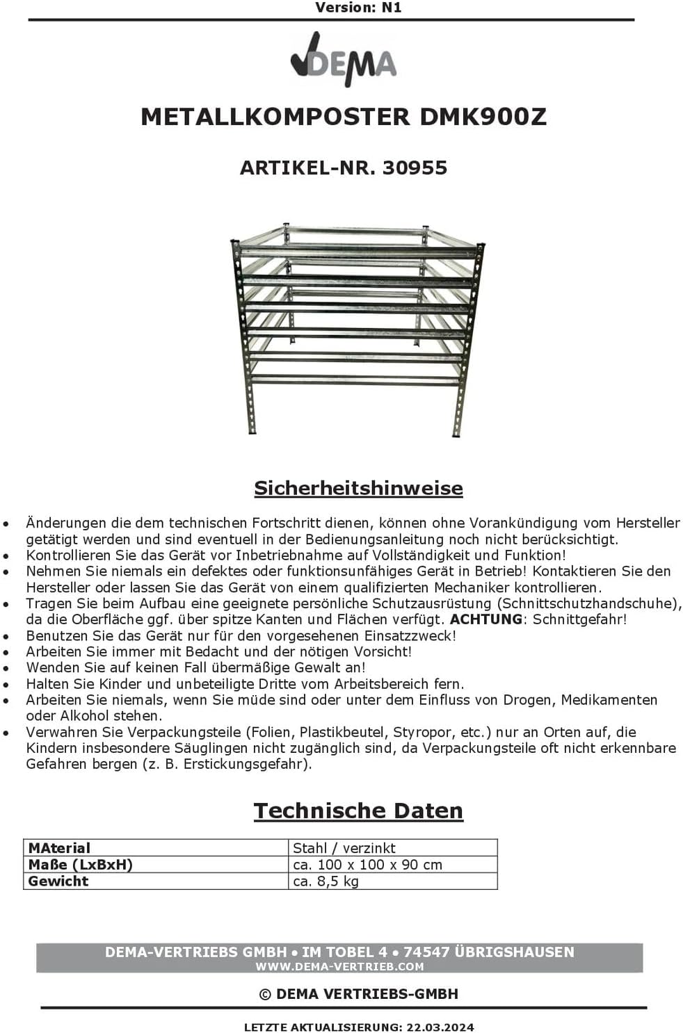 Metallkomposter 100x100x92 cm, galvanisch verzinkt, robust & langlebig, werkzeuglose Montage, ideal