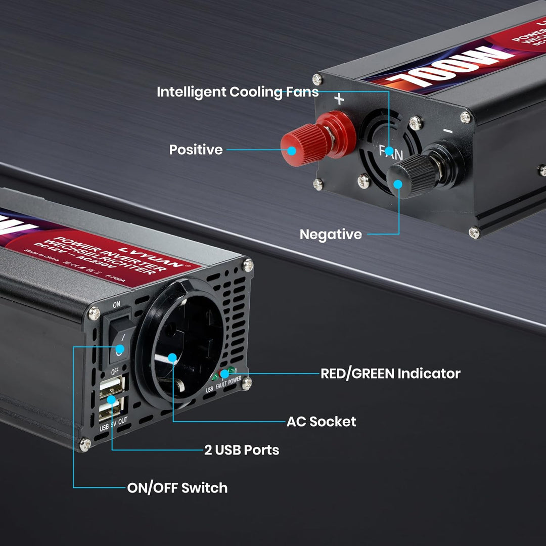 LVYUAN 500W Wechselrichter DC 12 V auf 230V AC Spannungswandler Auto Konverter 12 V mit Dual USB Por