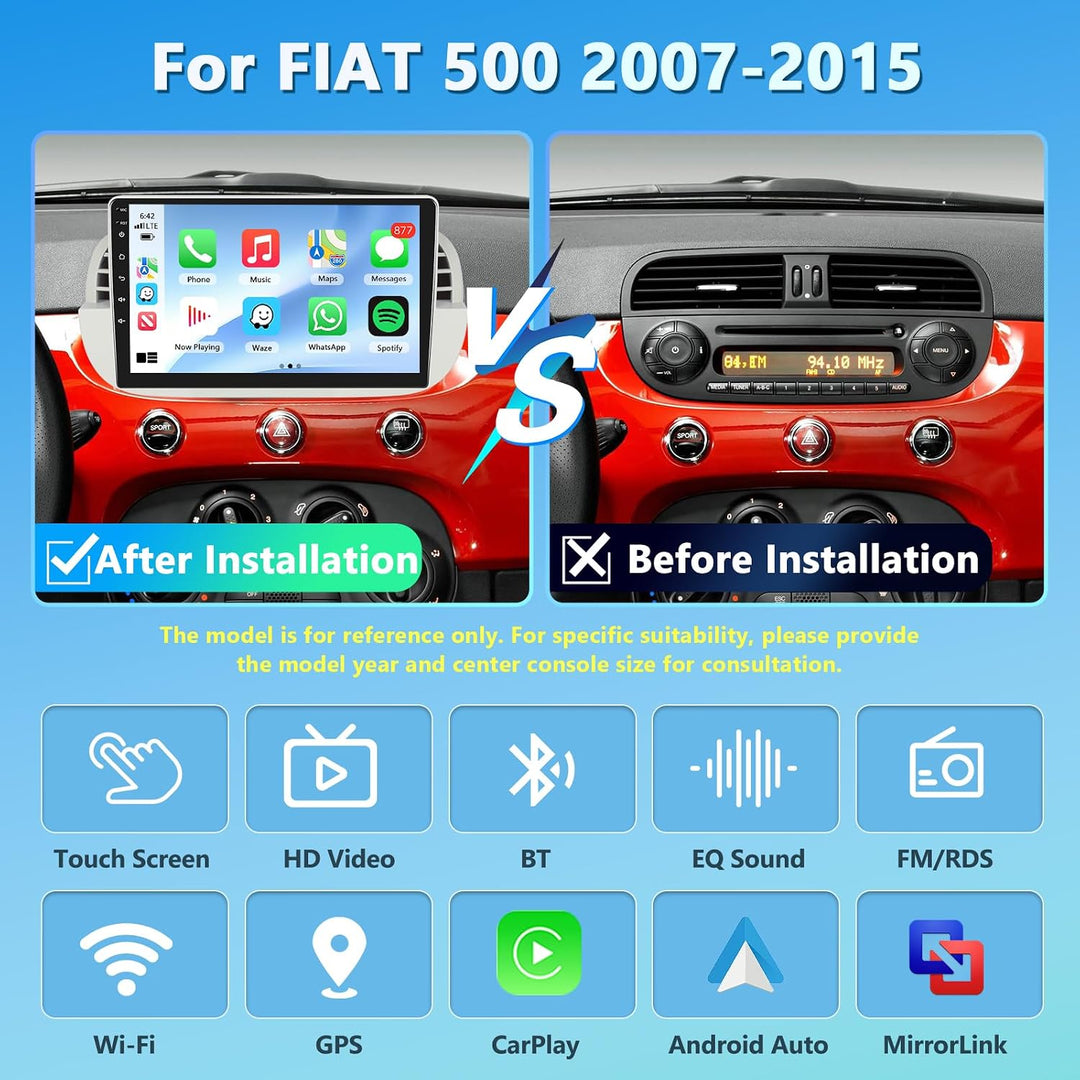 Autoradio für FIAT 500 2007-2015 Radio mit Carplay, 9 Zoll Bildschirm 2GB+64GB Wireless Android Auto