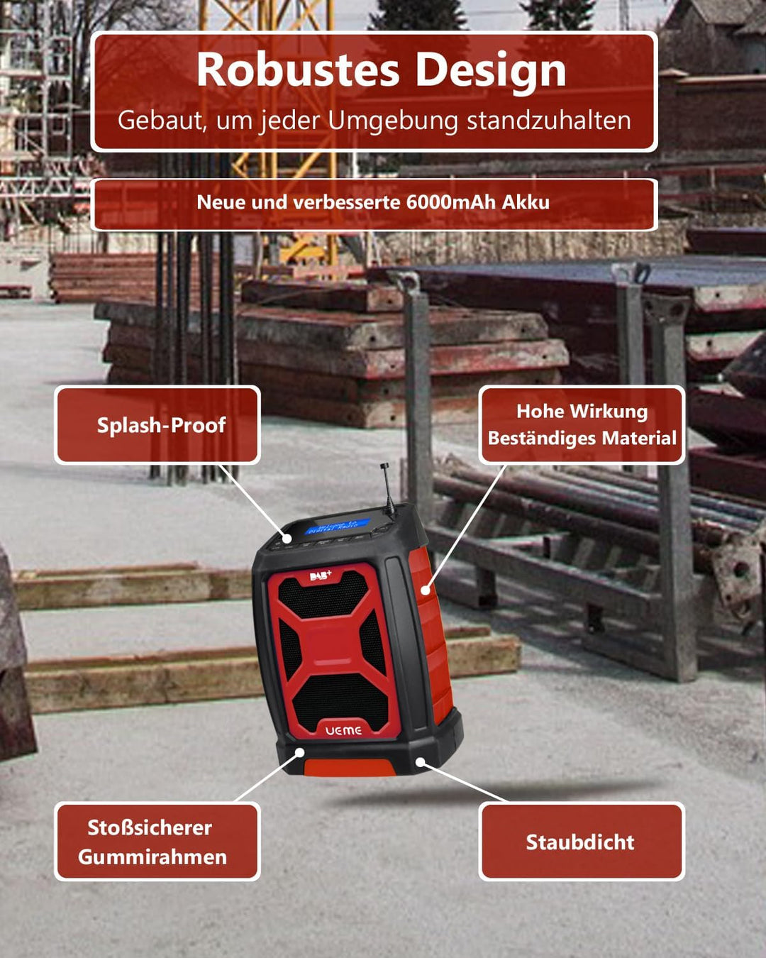 Baustellenradio Mit Akku Aufladbar (6000mAh), Tragbares DAB+/FM Radio, Bluetooth Lautsprecher & Dual