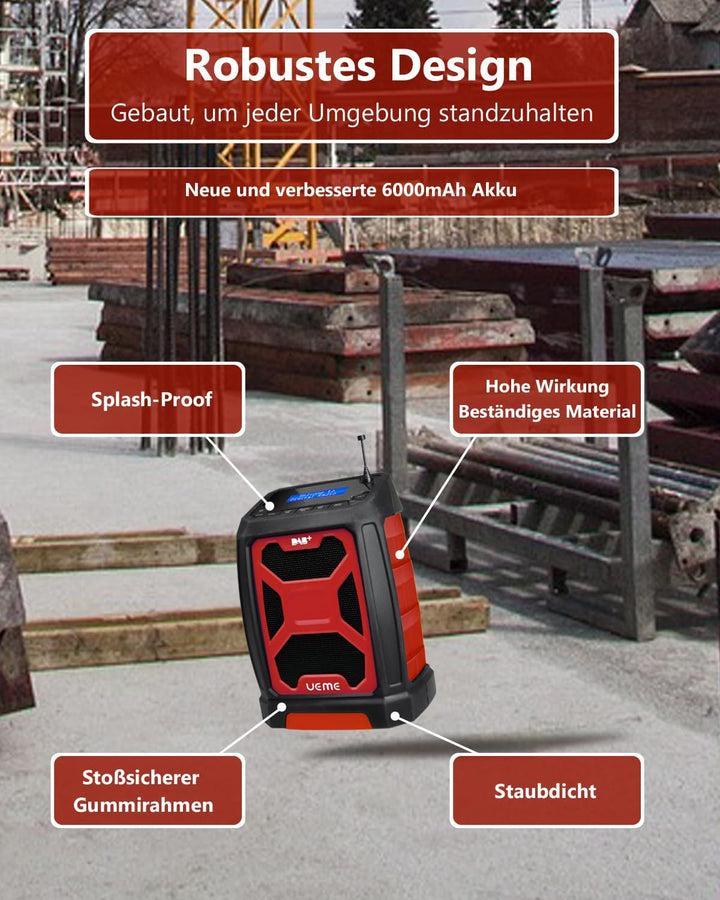 Baustellenradio Mit Akku Aufladbar (6000mAh), Tragbares DAB+/FM Radio, Bluetooth Lautsprecher & Dual